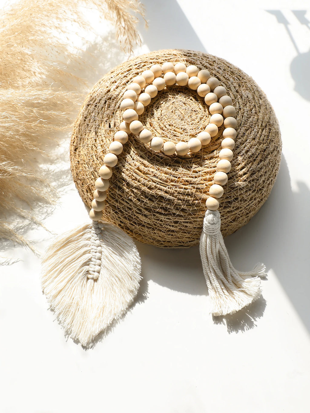 Wood Bead Rope Macrame Leaf Wall Hanging Home Decor Rustic Tassel Wall Decor Handmade Room Ornament Boho Home Decoration Gift | 1