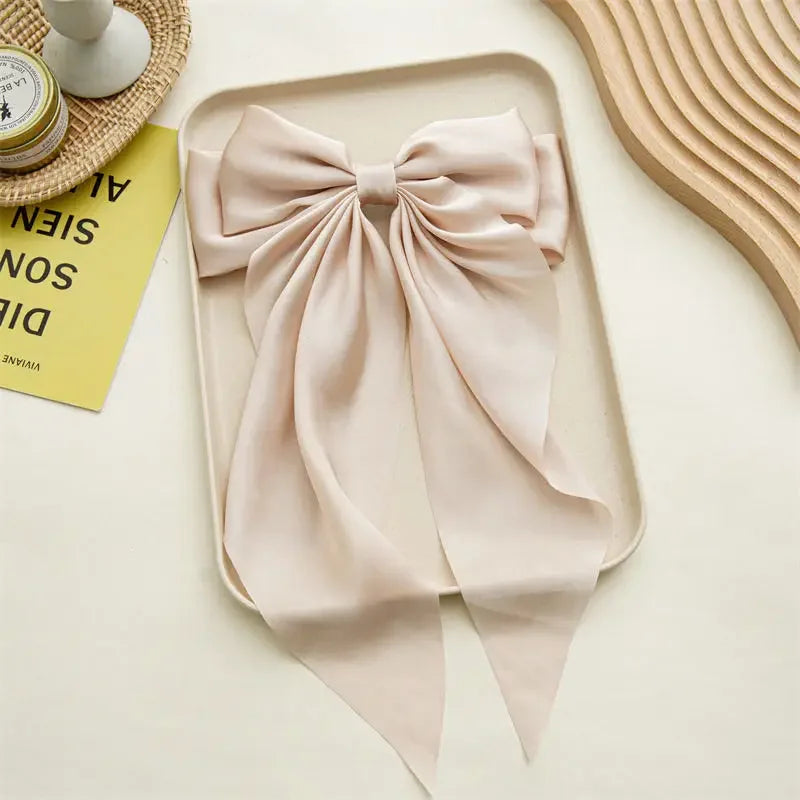 Korean Accessories Hair Clips for Women Girls Big Bowknot Solid Satin Long Ribbon Bows Spring Clamp Barette Cheveux Femme 2023 | Color:Champagne