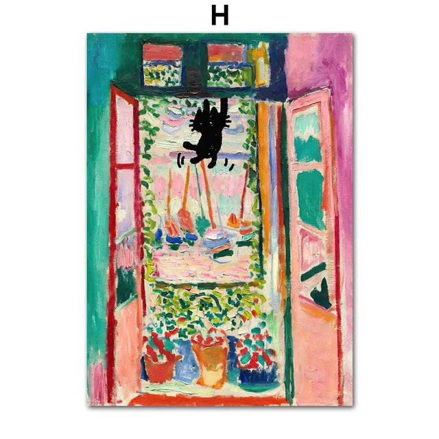 Funny Art Matisse Monet Black Cat Van Gogh Sunflowers Canvas Painting Posters and Prints Wall Pictures for Living Room Decor | Color:H
