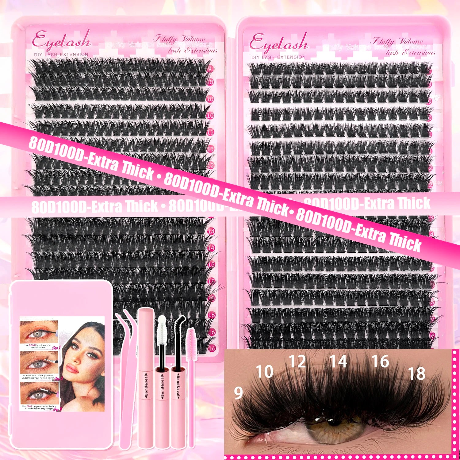 DIY Lash Extension Kit Clusters Individual Eyelashes Kit 9-16mm with Bond and Seal Wispy Natural Mange Lashes | Color:80100D