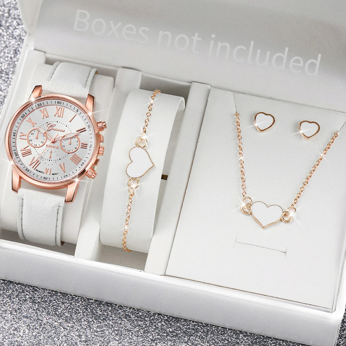 5/6PCS Fashion Women's Quartz Watch Leather Band Analog Wrist Watches Heart Rhinestone Jewelry Set(Without Box) | Color:D Without Box