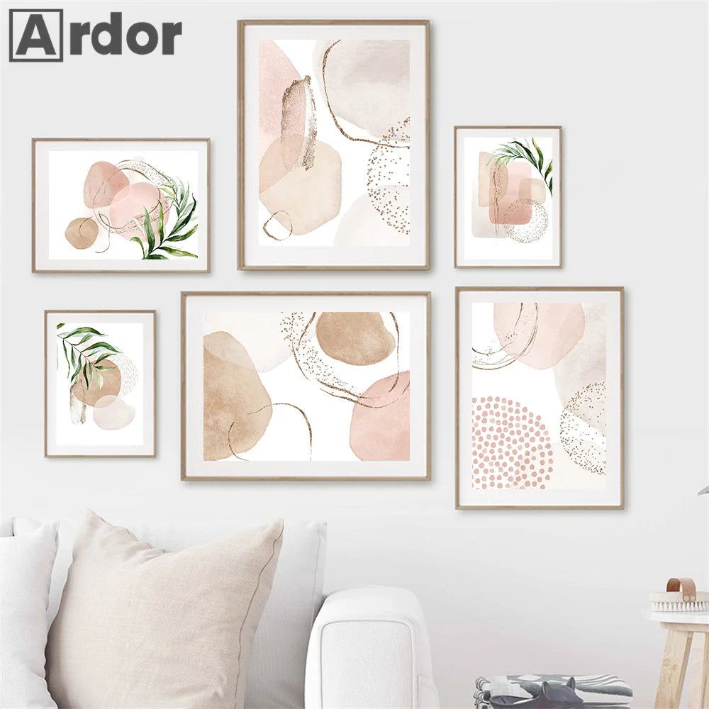 Modern Abstract Beige Pink Geometric Green Leaf Minimalist Poster Canvas Painting Boho Wall Art Print Pictures Living Room Decor | 1