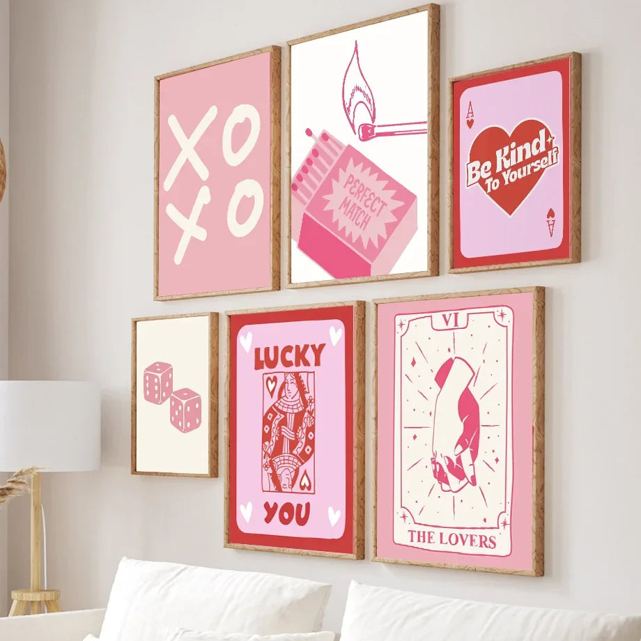 Pink Lucky Poker Queen Heart Dice Match Pop Y2k Art Living Room Home Decor Pastel Poster And Print Boho Wall Art Canvas Painting | 0