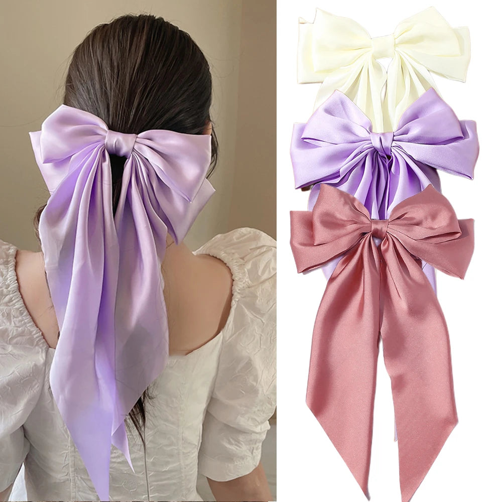 Korean Accessories Hair Clips for Women Girls Big Bowknot Solid Satin Long Ribbon Bows Spring Clamp Barette Cheveux Femme 2023 | Color:S6-3PCS