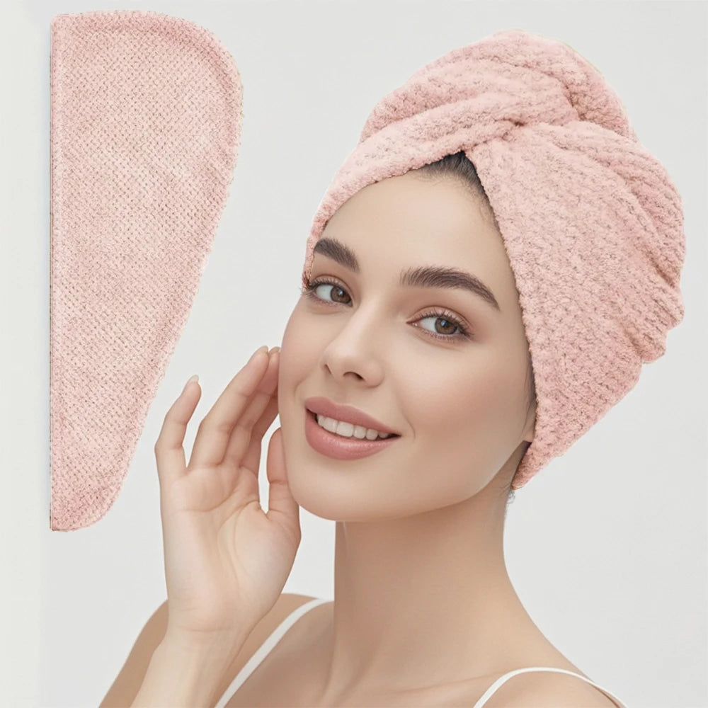 Solid color hair towel Textured dry hair cap 9.8 "X 25.5" absorbent hair towel wrap for button-down women | Color:Dusty Pink-up