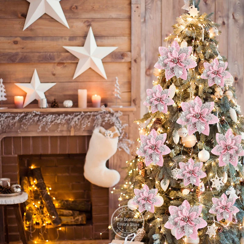5/10Pcs Glitter Pink Christmas Flowers Xmas Tree 14cm Artifical Flower Ornaments 2025 Christmas Decoration For Home New Year | 4