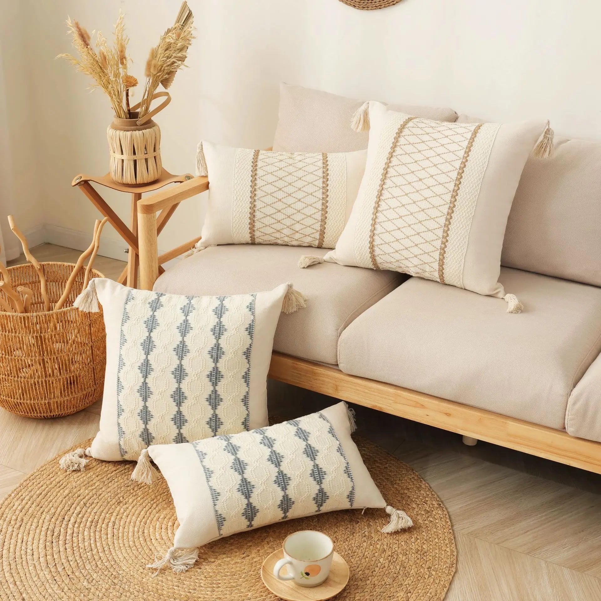 2 Piece Boho Cotton and Linen Tassel Cushion Cover Geometric Woven Crochet Pillowcases Fringed Handmade Home Decor 55x55/60x60cm | 1