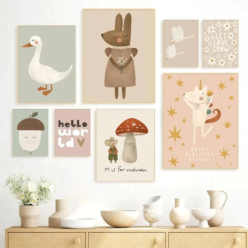 New Boho Cartoon Rabbit Mouse Goose Nurser Art Canvas Painting Nordic Retro Poster and Prints Wall Picture Baby Kids Room Decor | 2