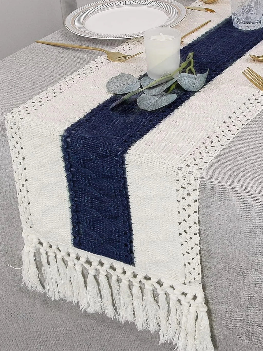 Blue Table Runner Handmade Hemstitch Boho Table Runner Or Dresser Scarf,Classic Table Runner with Tassels for Dining Table Decor | 3
