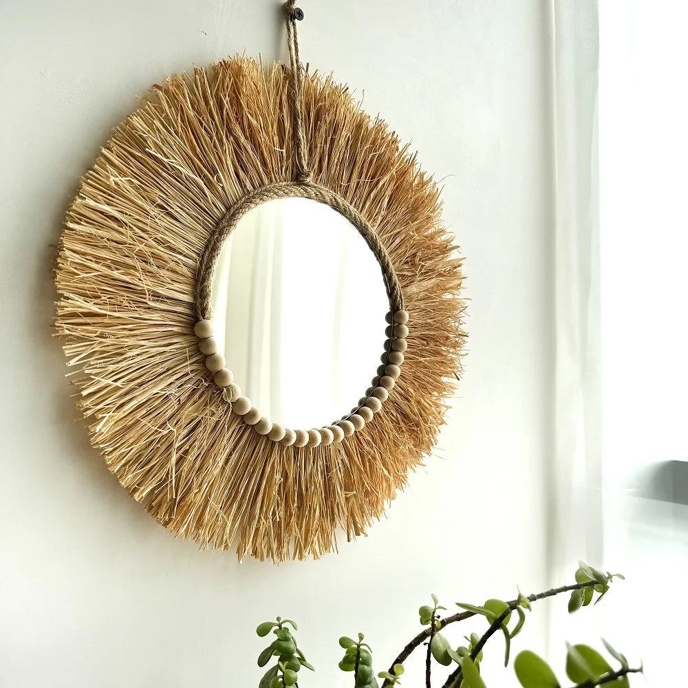 Handmade Boho Raffia Mirror Wall Hanging Decor Rustic  Boho Circle Acrylic Mirrors with Wood Bead Farmhouse Aesthetic Nursery | 2
