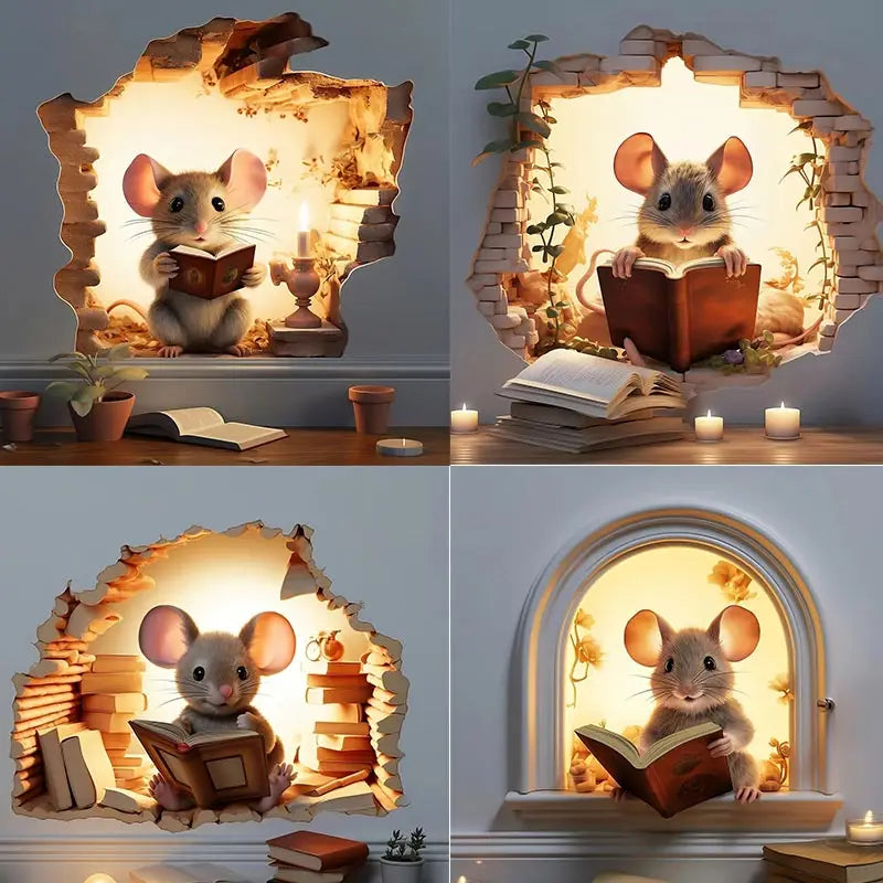 M736 Mouse Hole Wall Sticker, Mouse Book Lover's Vinyl Decal, Mouse Reading Decor, Cute Mouse in a Hole, Mouse Sticker | 0