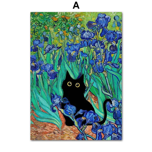 Funny Art Matisse Monet Black Cat Van Gogh Sunflowers Canvas Painting Posters and Prints Wall Pictures for Living Room Decor | Color:A