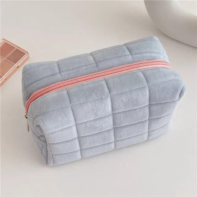 Solid Fur Cosmetic Storage Bag Large Women Zipper Makeup Organizer Handbag Stationery Pencil Case Travel Make Up Toiletry Punch | Color:Blue