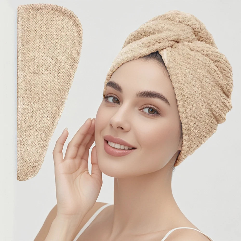Solid color hair towel Textured dry hair cap 9.8 "X 25.5" absorbent hair towel wrap for button-down women | Color:Khaki-up