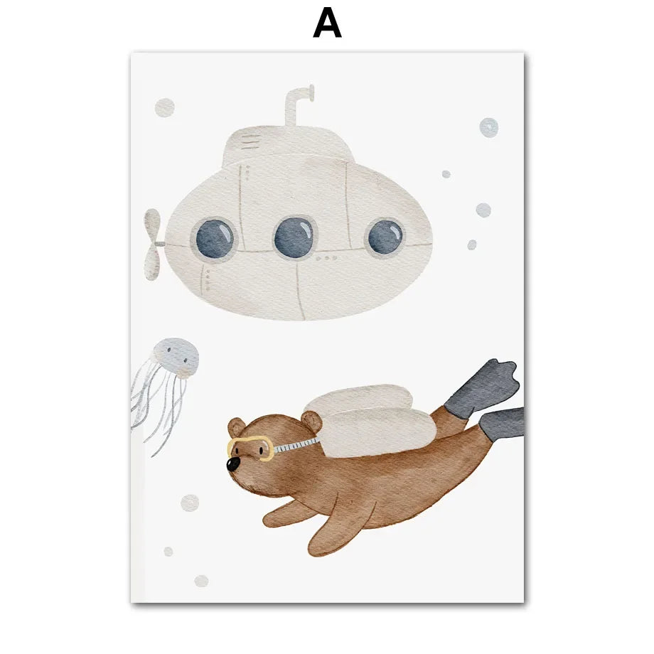 Boho Space Rocket Bear Mouse Hedgehog Custom Name Nursery Wall Art Children's Prints Posters Canvas Painting For Kids Room Decor | Color:A