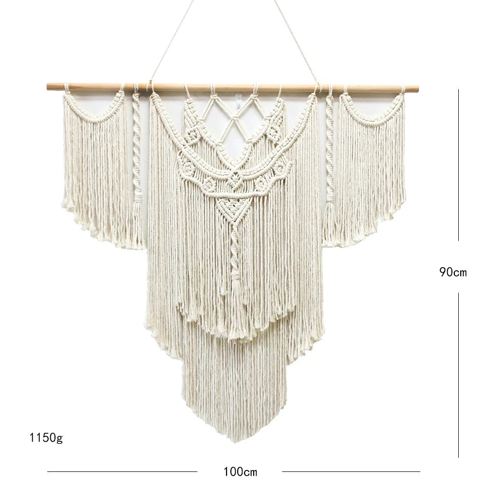 Large Macrame Wall Hanging Tapestry with Wooden Stick Hand-Woven Bohemia Tassel Curtain Tapestry Wedding Backgrou Boho Decor | Color:Z143