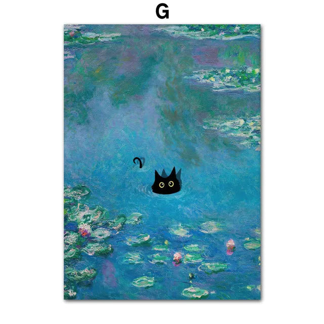 Funny Art Matisse Monet Black Cat Van Gogh Sunflowers Canvas Painting Posters and Prints Wall Pictures for Living Room Decor | Color:G