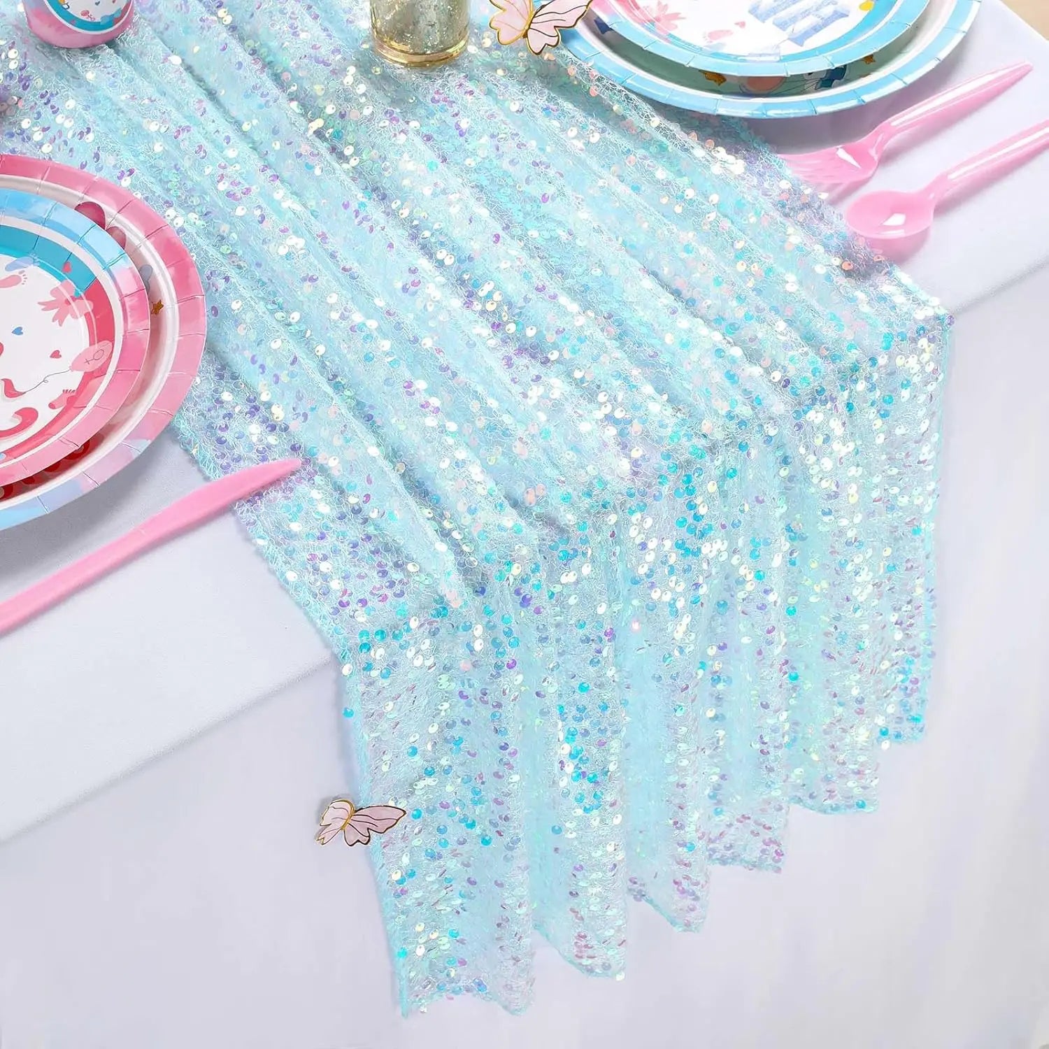 Sequin Iridescent Table Runner Boho Table Runners Glitter Sequin Tablecloth for Party Wedding Summer Mermaid Birthday Decoration | Color:Sky blue