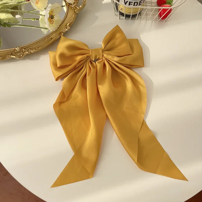 Korean Accessories Hair Clips for Women Girls Big Bowknot Solid Satin Long Ribbon Bows Spring Clamp Barette Cheveux Femme 2023 | Color:Yellow