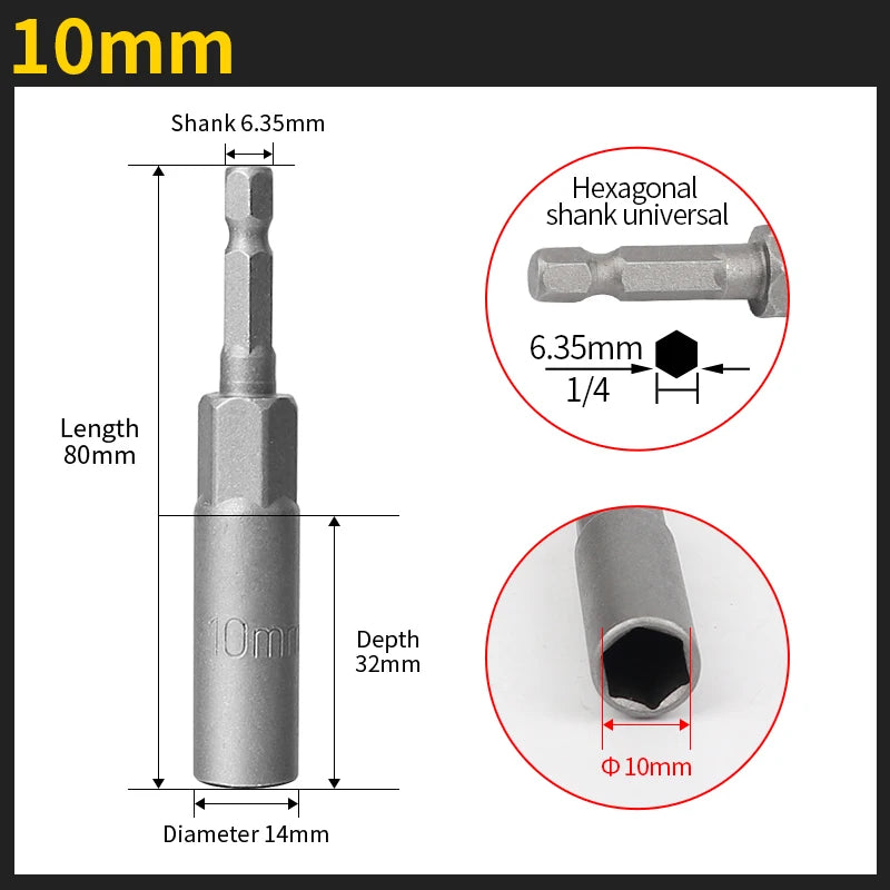 Length Deepen Impact Socket Adapter 5.5-19mm Power Nut Driver Socket Set 1/4-inch Hex Shank Screwdriver Key Head Hand Tool Set | Color:10mm
