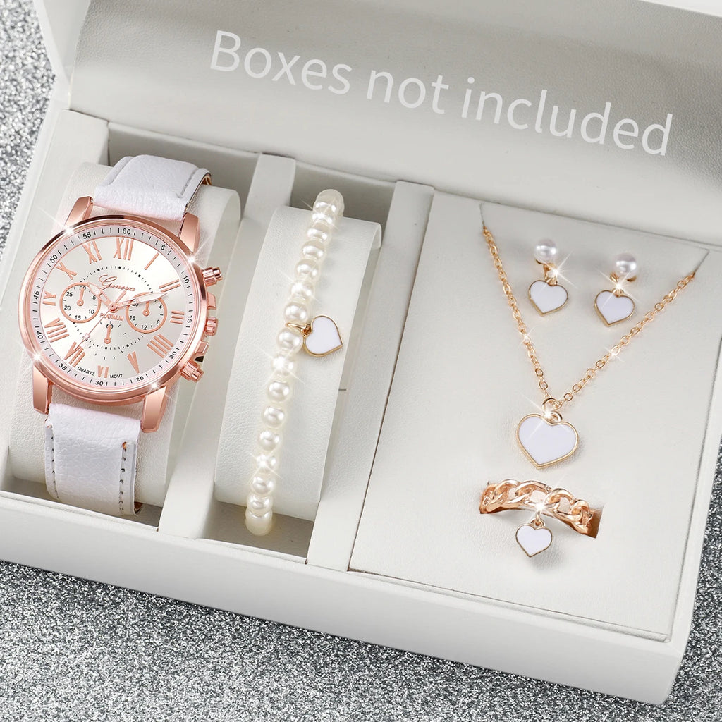5/6PCS Fashion Women's Quartz Watch Leather Band Analog Wrist Watches Heart Rhinestone Jewelry Set(Without Box) | Color:G Without Box