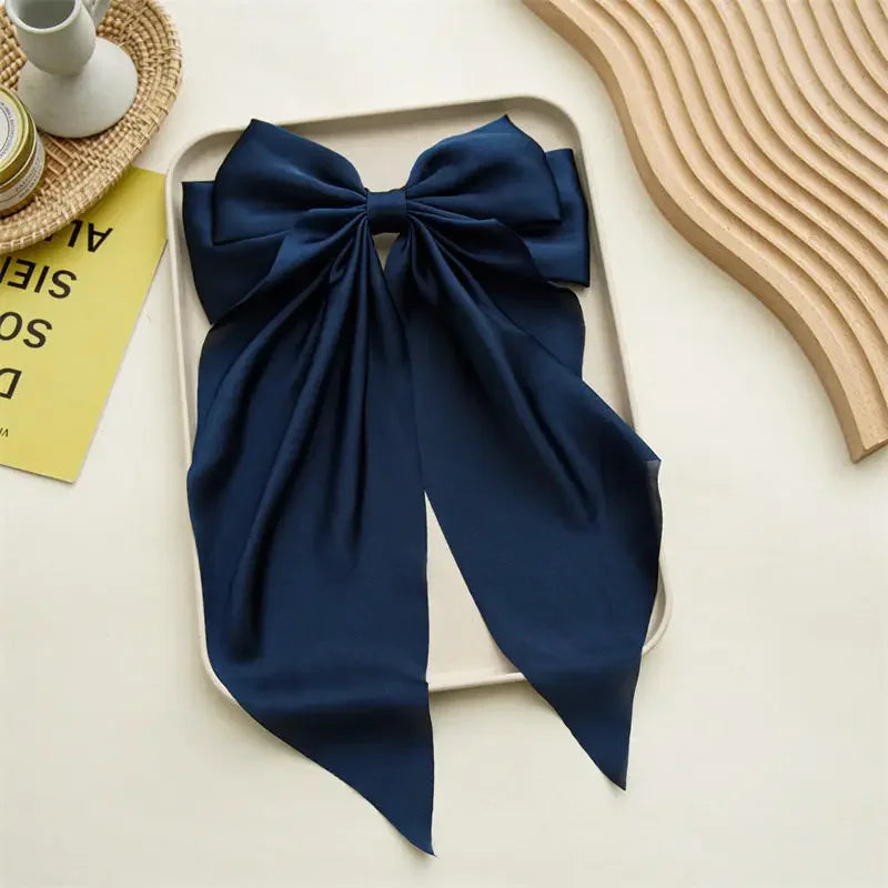 Korean Accessories Hair Clips for Women Girls Big Bowknot Solid Satin Long Ribbon Bows Spring Clamp Barette Cheveux Femme 2023 | Color:Navy Blue