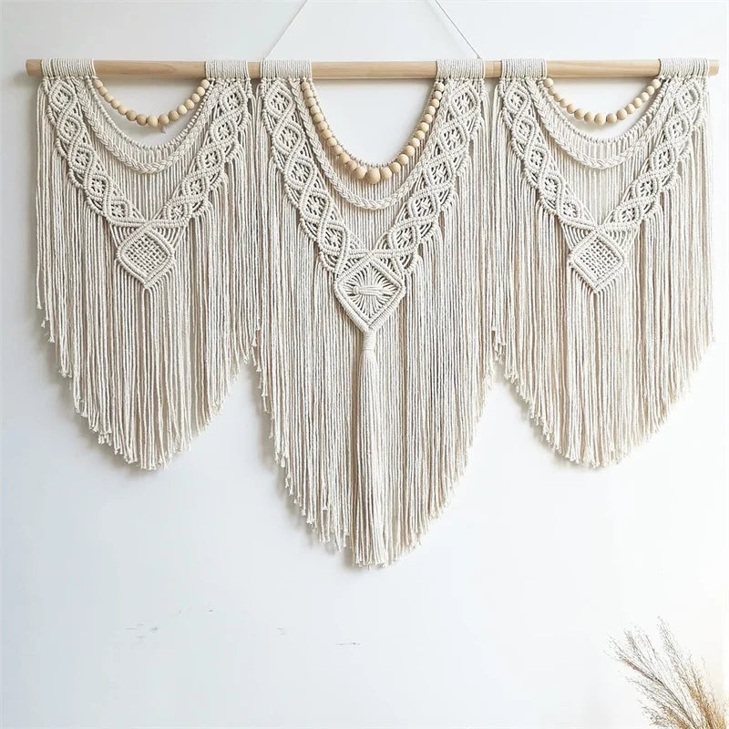 Large Macrame Wall Hanging Tapestry  with  Wooden Stick Hand-Woven Bohemia Tassel Curtain Tapestry  Wedding Backgrou Boho Decor | 3