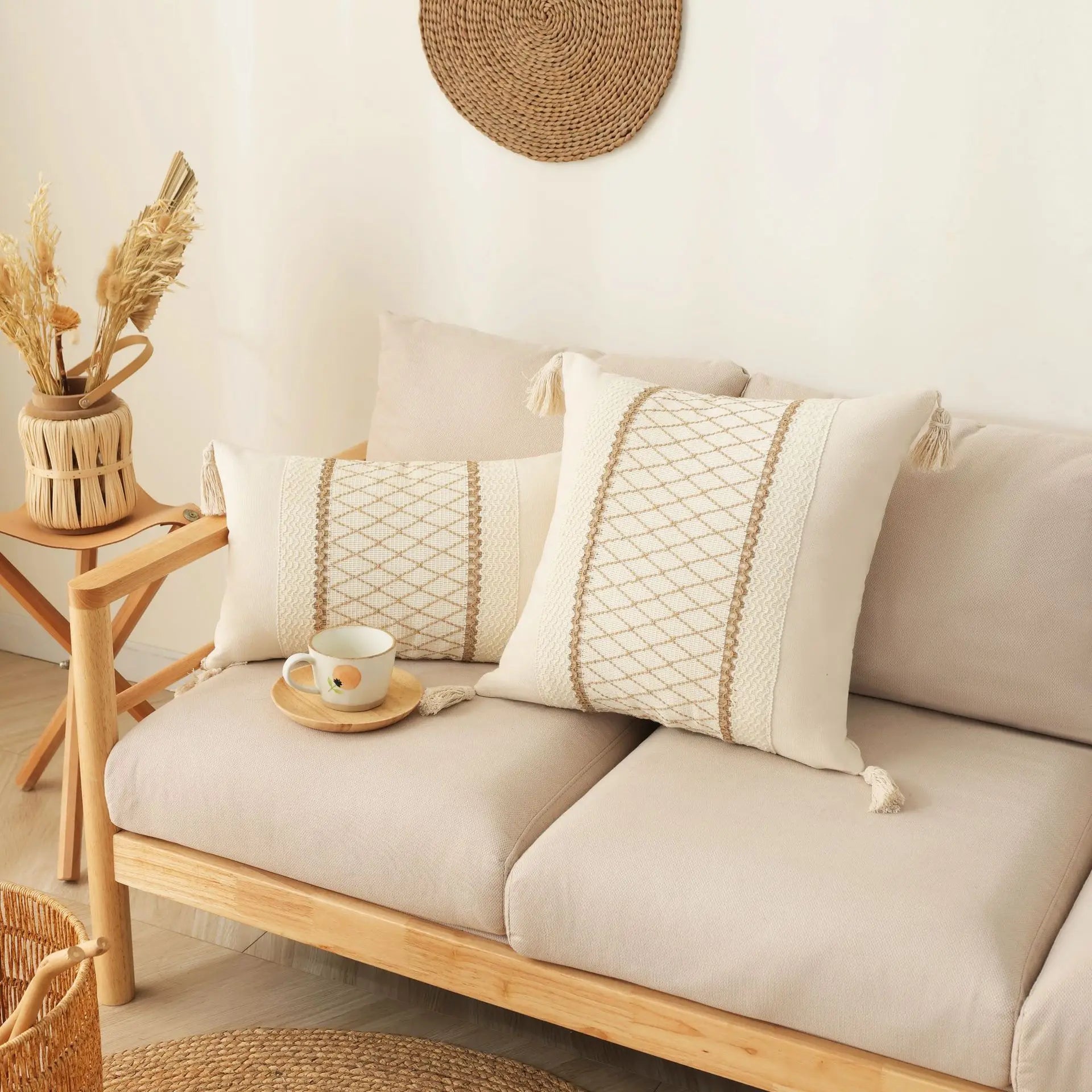 2 Piece Boho Cotton and Linen Tassel Cushion Cover Geometric Woven Crochet Pillowcases Fringed Handmade Home Decor 55x55/60x60cm | Color:B-Cushion cover