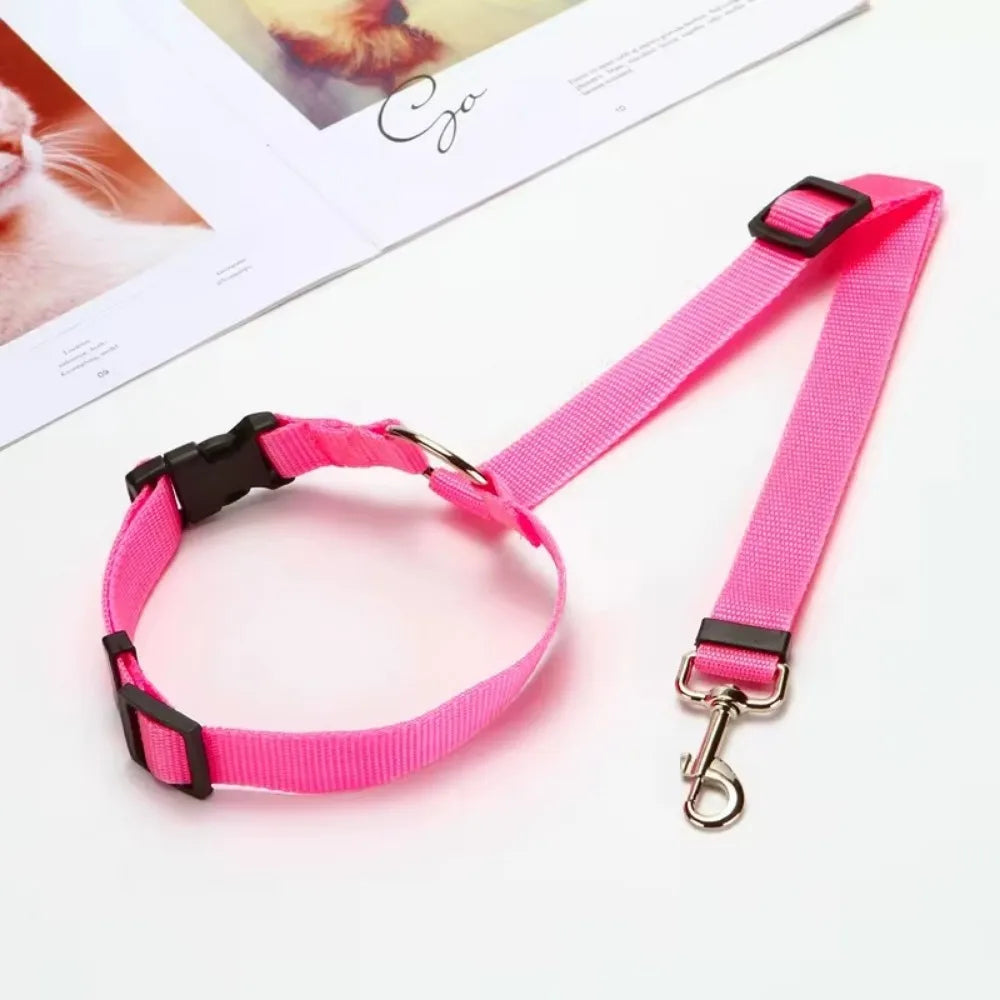 Solid Color Two-in-one Pet Car Seat Belt Nylon Lead Leash Backseat Safety Belt Adjustable Dogs Harness Collar Pet Accessories | Color:Pink