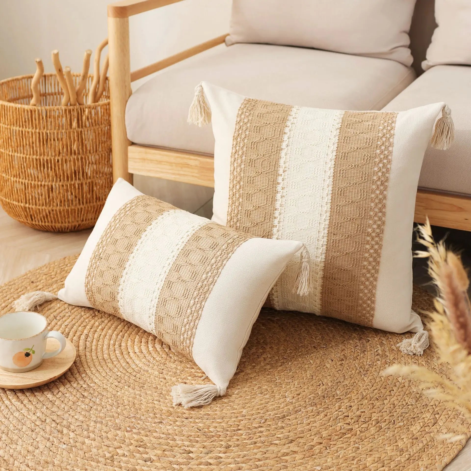 2 Piece Boho Cotton and Linen Tassel Cushion Cover Geometric Woven Crochet Pillowcases Fringed Handmade Home Decor 55x55/60x60cm | Color:G-Cushion cover