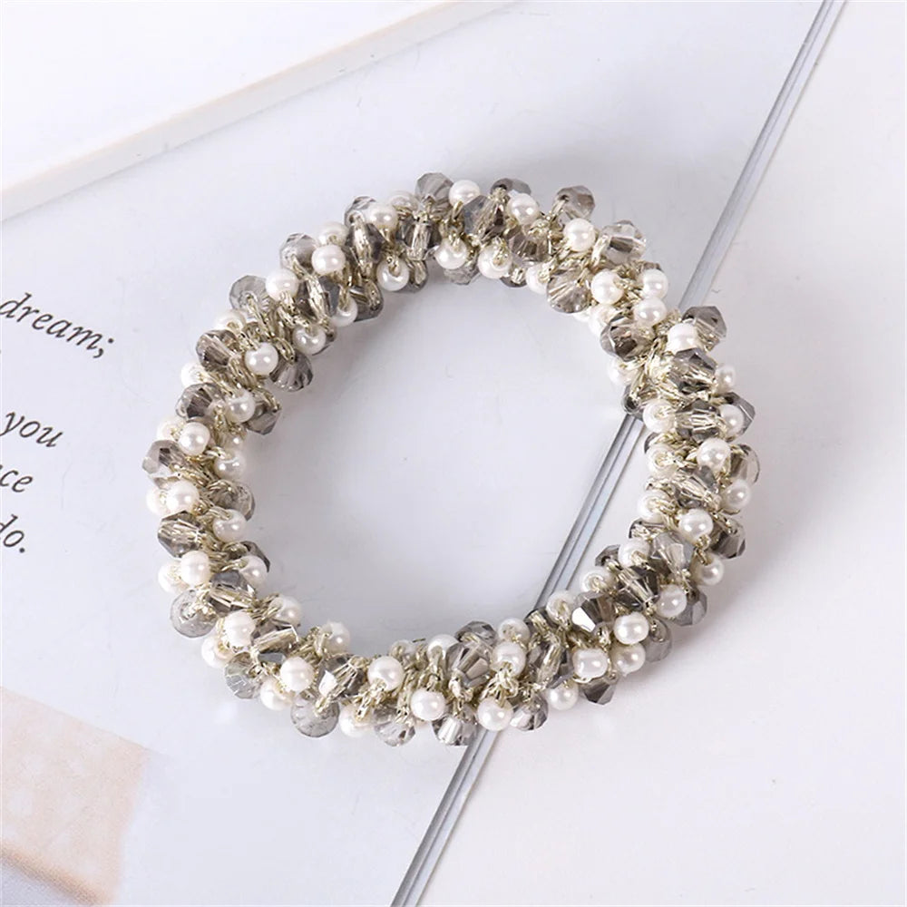 Crystal Hair Ties Boho Elastic Hair Scrunchies Pearl Hair Ropes Bead Ponytail Holders Hair Accessories For Women and Girls | Color:A2-a-SP028-D