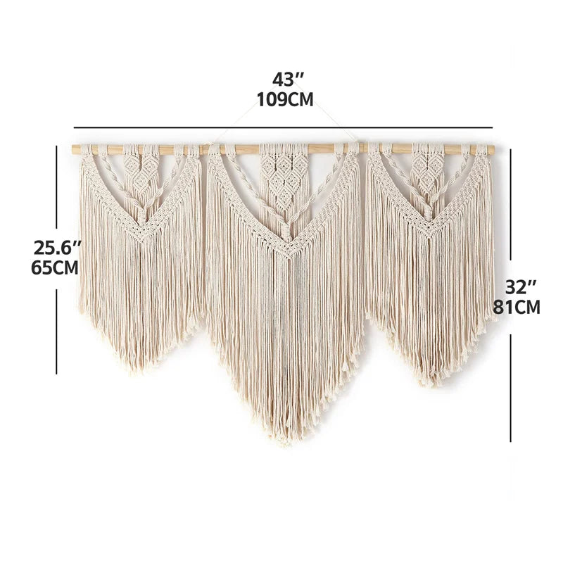 Large Macrame Wall Hanging Tapestry  with  Wooden Stick Hand-Woven Bohemia Tassel Curtain Tapestry  Wedding Backgrou Boho Decor | Color:G with wooden stick