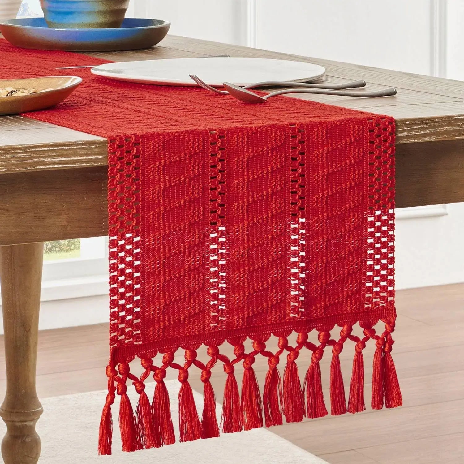 Macrame Style Boho Table Runner, Dresser Runner Cover Top,Ivory Table Runners for Living Room Kitchen Farmhouse Woven Home Decor | Color:Red