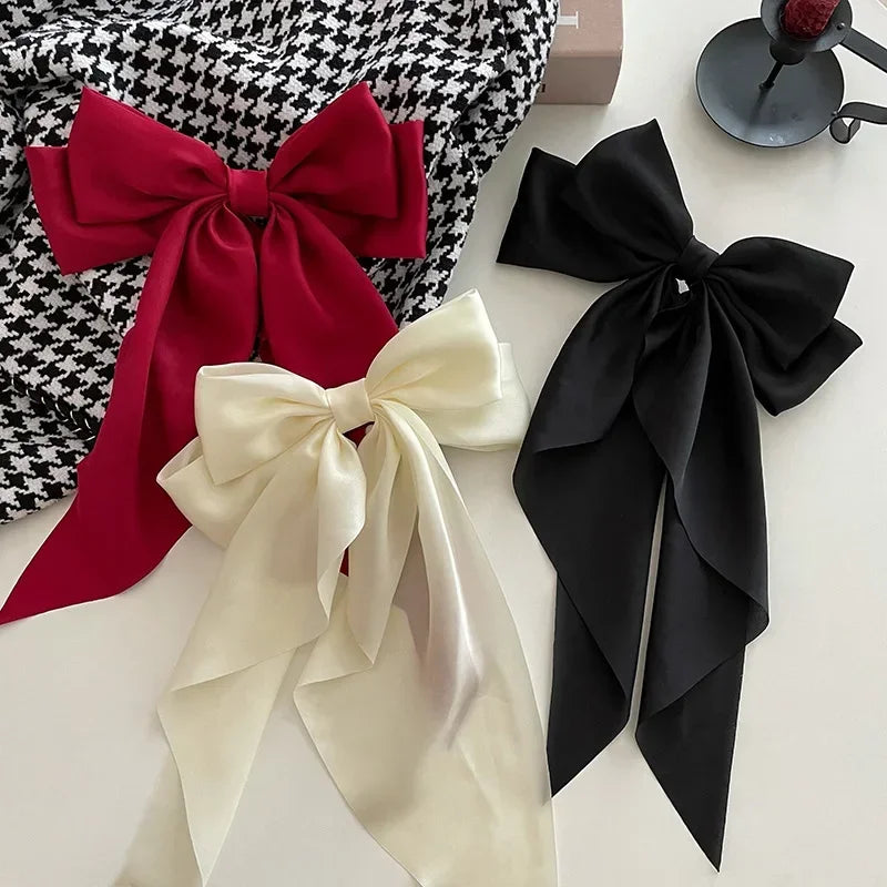 Korean Accessories Hair Clips for Women Girls Big Bowknot Solid Satin Long Ribbon Bows Spring Clamp Barette Cheveux Femme 2023 | 4