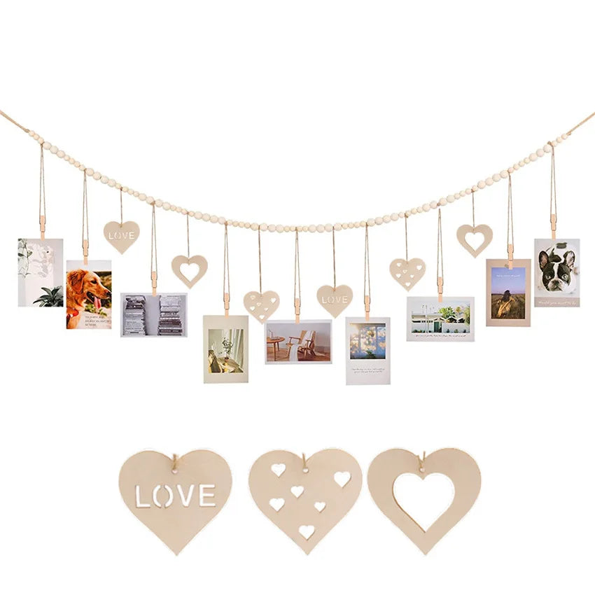 Hanging Photo Display Wooden Bead Garland Boho Wall Hanging for Bedroom Living Room Dorm Party Decor Teen Girl Gifts | Color:heart B