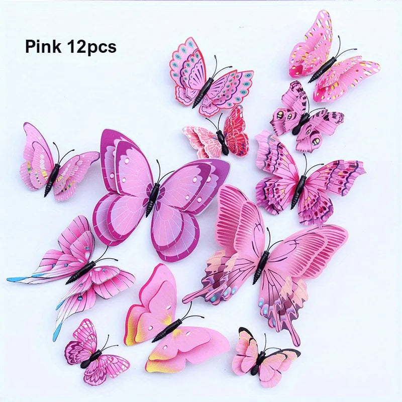 12pcs 3D Double Layer Butterflies Wall Stickers Living Room Decor Wedding Kids Room Decoration DIY Wall Art Magnet Stickers | 3