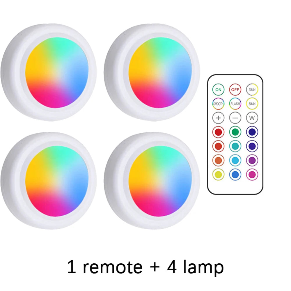 RGB LED Under Cabinet Lights with Remote Control Battery Powered Wireless Dimmable Night Lamp LED Lights for Home Wardrobe Light | Color:1 remote 4 lights