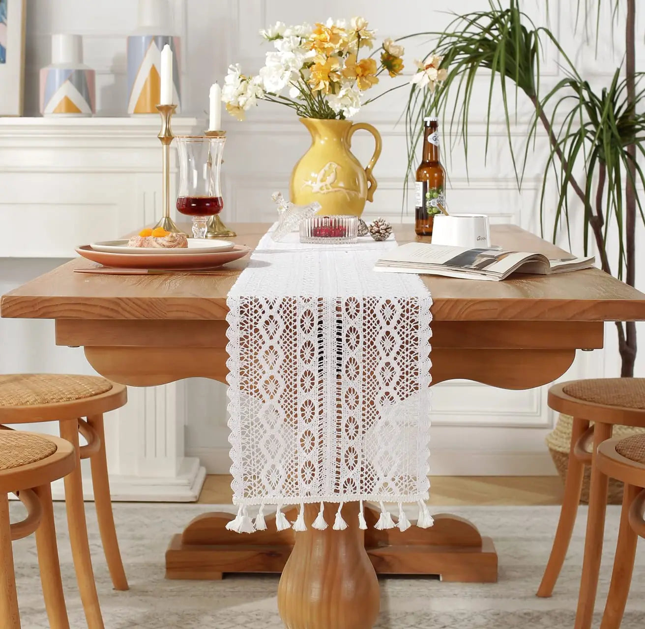 Table Runner Farmhouse Style Cotton Lace Boho Table Runner Vintage Home Bridal Shower Country Wedding Party Coffee Table Decor | 5