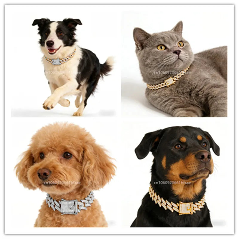 Luxury Designer Thorn Cat Dog Collars Bling Diamondd Cuban Chain Dogs Necklace Gold Silver Biocolor Pet Jewelry Accessories 16mm | 1