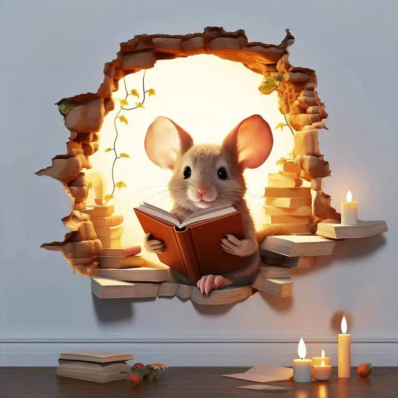 M736 Mouse Hole Wall Sticker, Mouse Book Lover's Vinyl Decal, Mouse Reading Decor, Cute Mouse in a Hole, Mouse Sticker | Color:M736-03