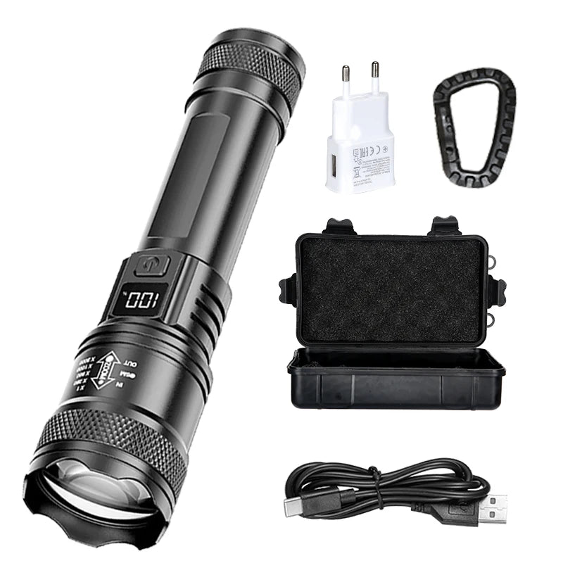 Rechargeable LED Flashlight Zoomable Torch with LCD Display 3 Modes Waterproof High Power Hand Light Outdoor Wilderness Camping | Emitting Color:1PC Set A