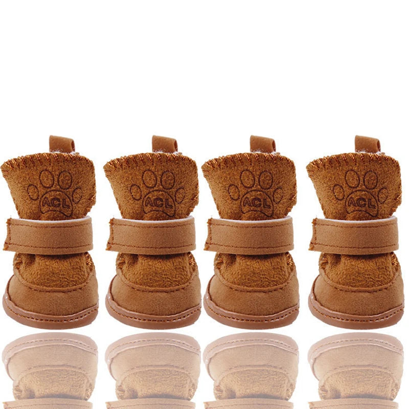 4pcs/set Pet Dog Shoes Winter Warm Shoes for Small Medium Dogs Anti-slip Puppy Rain Snow Boots Footwear Cat Dog Walking Sneakers | Color:brown