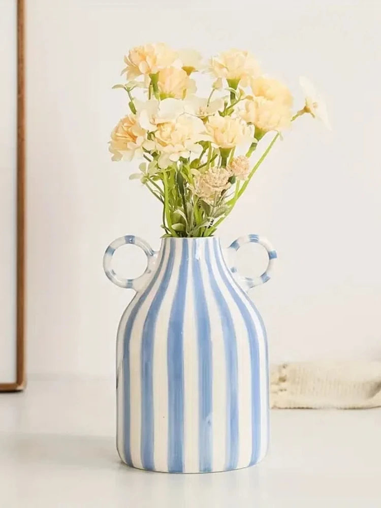 Hand-Painted Ceramic Vase with Dual Handles - Striped, Cylinder Design for Living Room Decor, Earthenware, Decorative Ornaments | 1