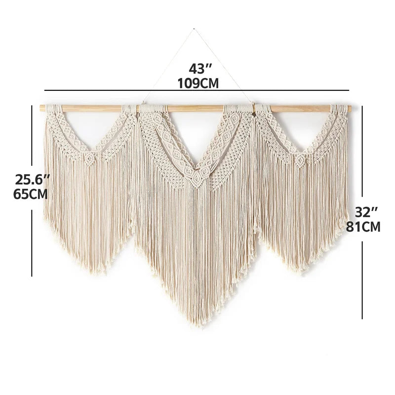 Large Macrame Wall Hanging Tapestry  with  Wooden Stick Hand-Woven Bohemia Tassel Curtain Tapestry  Wedding Backgrou Boho Decor | Color:C with wooden stick