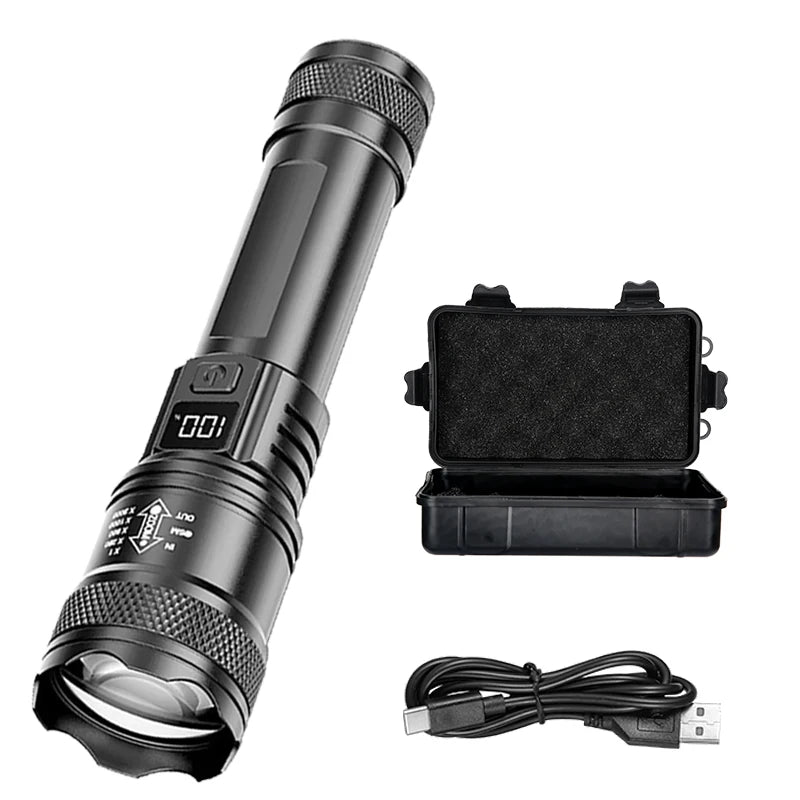 Rechargeable LED Flashlight Zoomable Torch with LCD Display 3 Modes Waterproof High Power Hand Light Outdoor Wilderness Camping | Emitting Color:1PC with Box