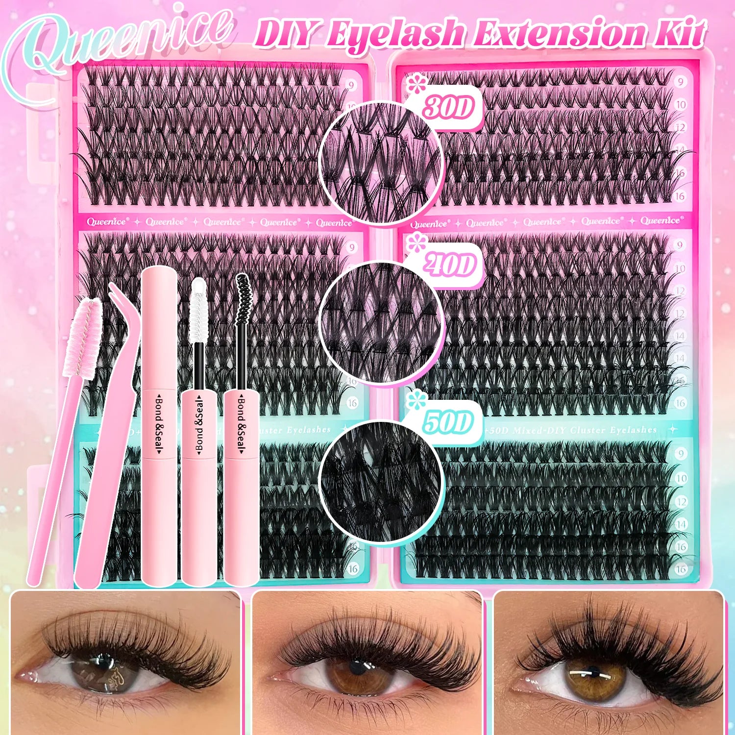 DIY Lash Extension Kit Clusters Individual Eyelashes Kit 9-16mm with Bond and Seal Wispy Natural Mange Lashes | Color:30D40D50D New Style