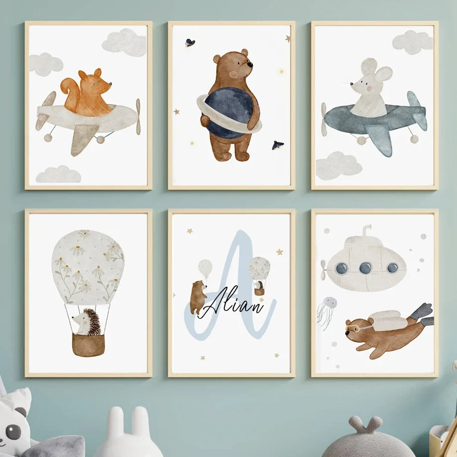 Boho Space Rocket Bear Mouse Hedgehog Custom Name Nursery Wall Art Children's Prints Posters Canvas Painting For Kids Room Decor | 0