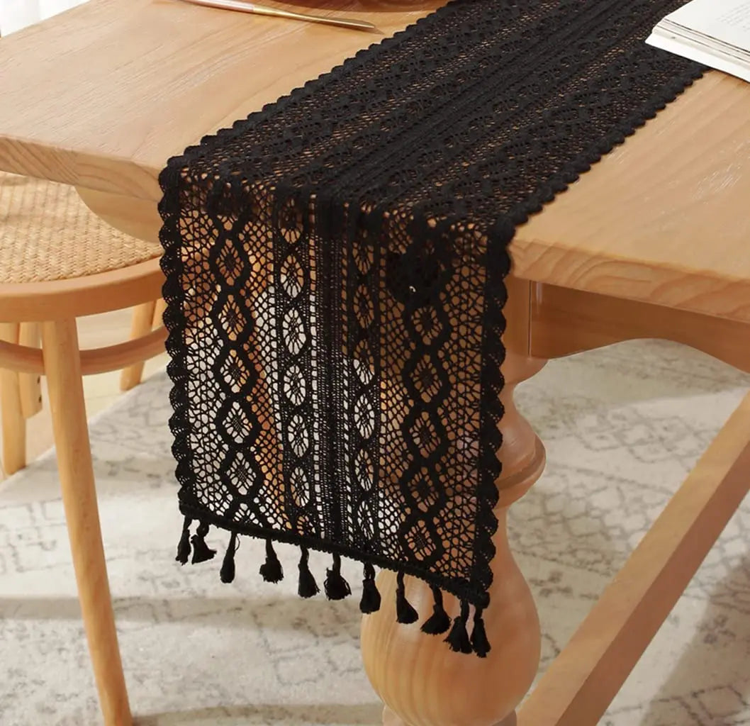 Table Runner Farmhouse Style Cotton Lace Boho Table Runner Vintage Home Bridal Shower Country Wedding Party Coffee Table Decor | Color:black
