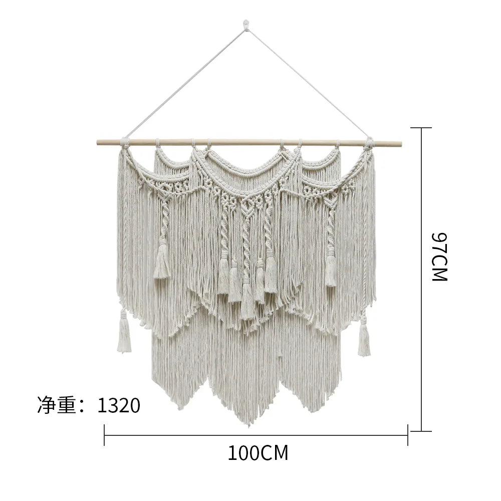 Large Macrame Wall Hanging Tapestry with Wooden Stick Hand-Woven Bohemia Tassel Curtain Tapestry Wedding Backgrou Boho Decor | Color:Z225