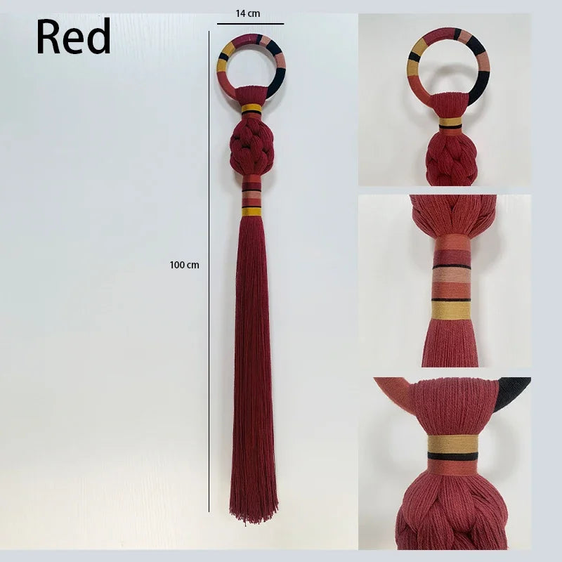 Boho Macrame Spherical Ball Hanging Decor Handwoven Unique Wall Sculpture Modern Organic Art for Living Room Bedroom Home Decor | Color:14x100cm-Red